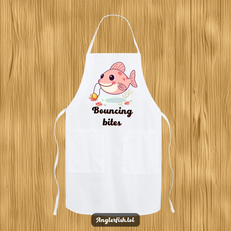 Funny anglerfish apron showing a creature happily bouncing along the seabed, its lure bobbing, perfect for kitchen fun.