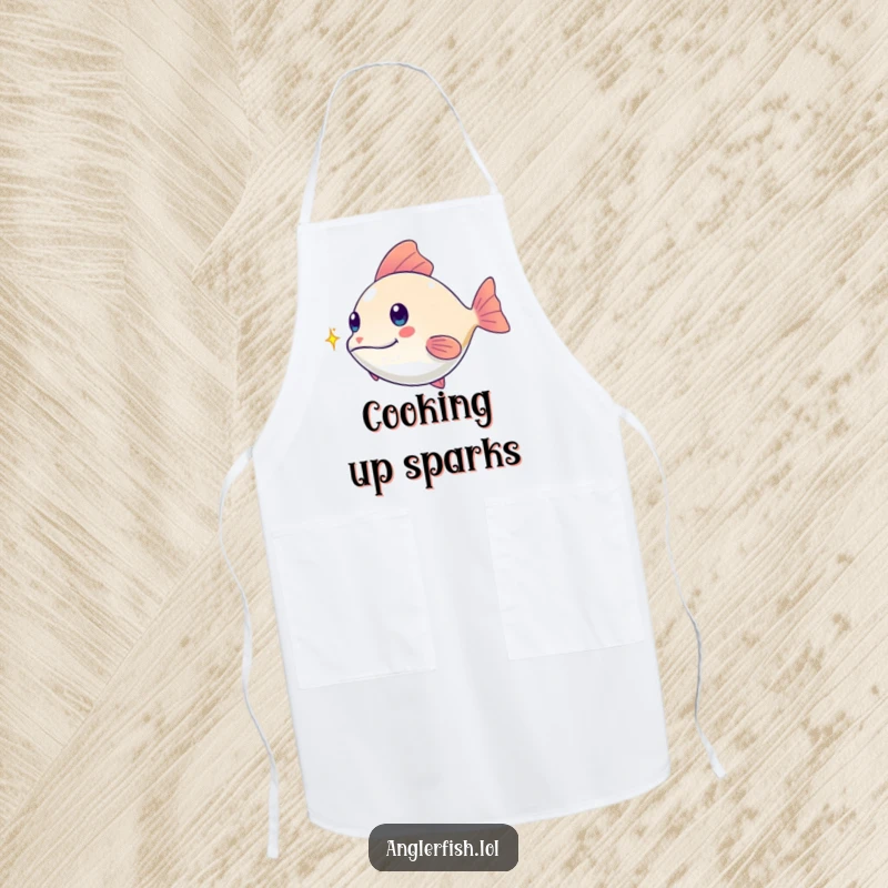 Funny kawaii anglerfish apron, playfully chasing a tiny shimmering spark while cooking, a fun and funny gift for chefs.
