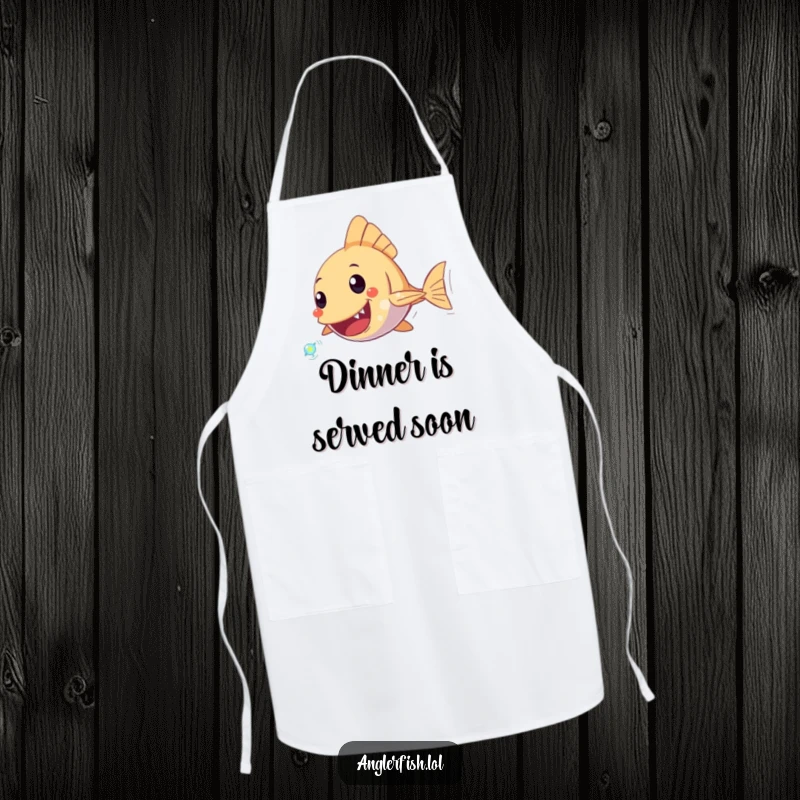 Funny Anglerfish Apron featuring an anglerfish character excitedly chasing a tiny, sparkling plankton, perfect for adding humor to cooking.