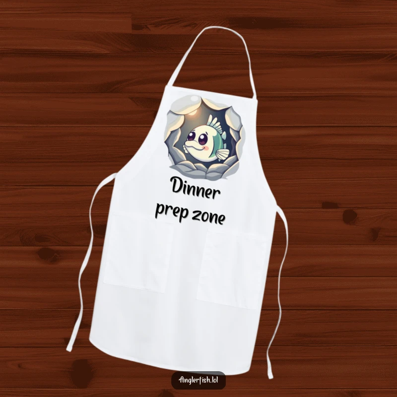 Funny Anglerfish Apron featuring a curious anglerfish peeking from a shadowy cave with its light on, perfect for adding mystery to cooking.