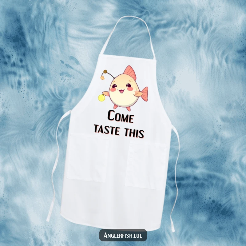Funny anglerfish apron featuring a playful dangling lure, humorously beckoning unseen guests closer for a delicious meal.