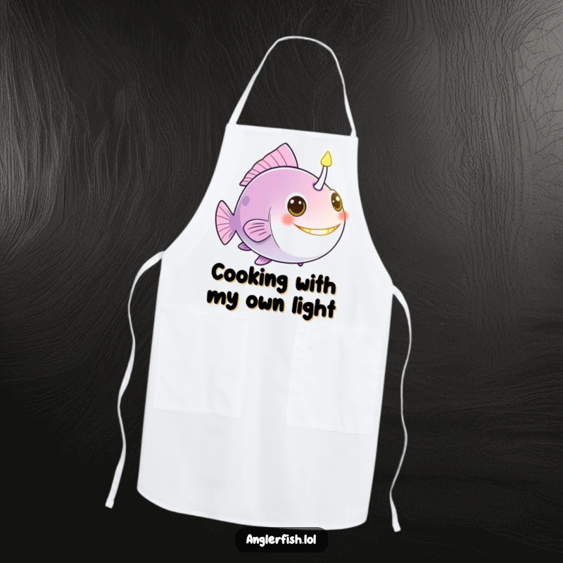 Funny anglerfish apron with a glowing bioluminescent lure, shining like a friendly beacon for kitchen adventures.