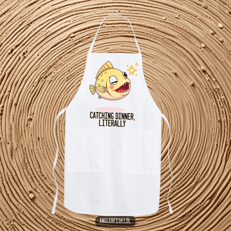 Funny anglerfish apron featuring a determined anglerfish trying to catch a small sparkle with its mouth.
