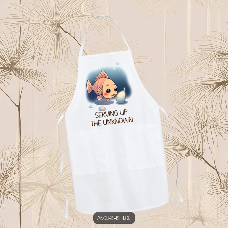 Funny anglerfish apron featuring a curious anglerfish examining a mysterious shimmering light in the dark ocean depths.