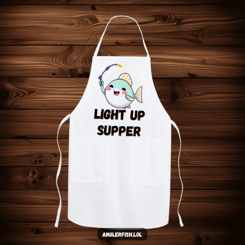 Funny anglerfish apron showing an enthusiastic anglerfish waving its glowing lure, perfect for kitchen humor.