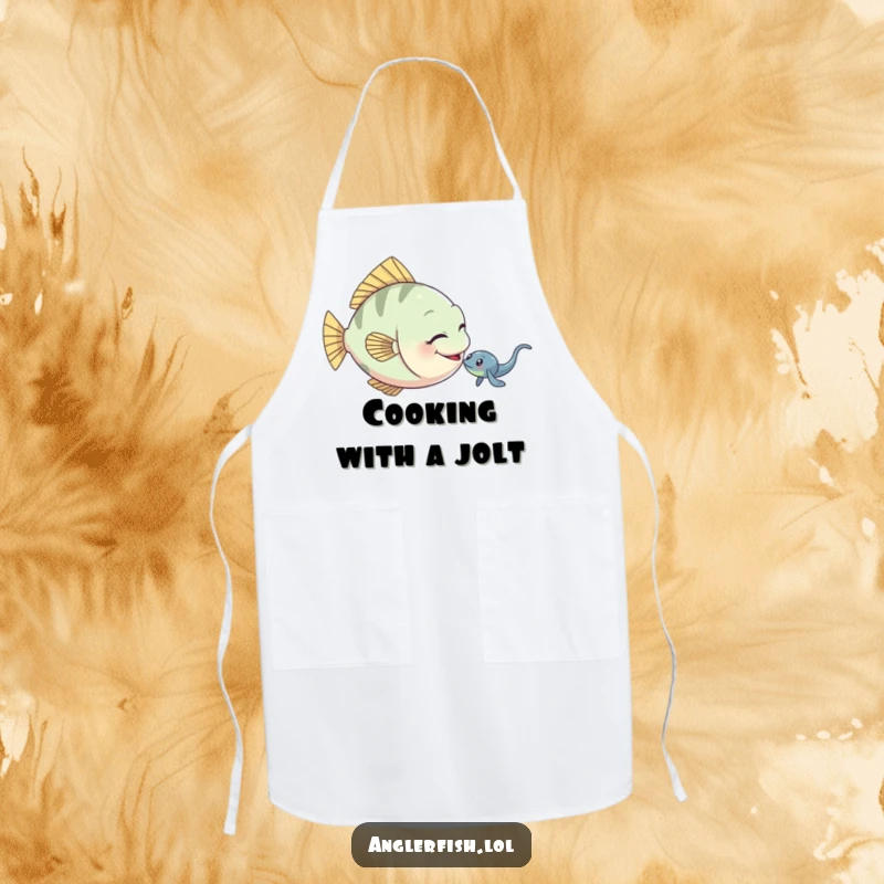 Funny anglerfish apron featuring a playful anglerfish gently nudging a small electric eel.