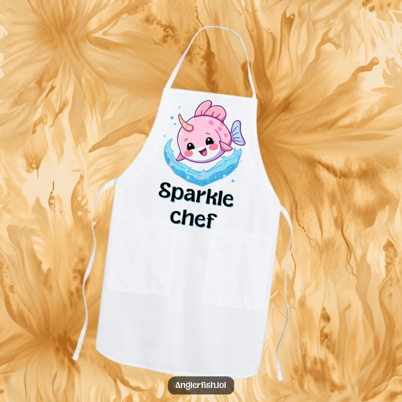 Funny Anglerfish Glitter Dive Apron: An anglerfish enthusiastically diving into a swirl of glitter, adding fun to kitchen tasks.