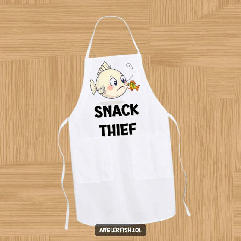 Funny anglerfish apron showing a surprised creature as a tiny fish playfully nibbles its lure, practical for cooking with humor.