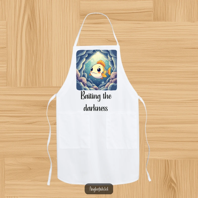 Funny apron featuring a curious anglerfish shining its light into a mysterious, star-filled cavern, ideal for a humorous kitchen experience.