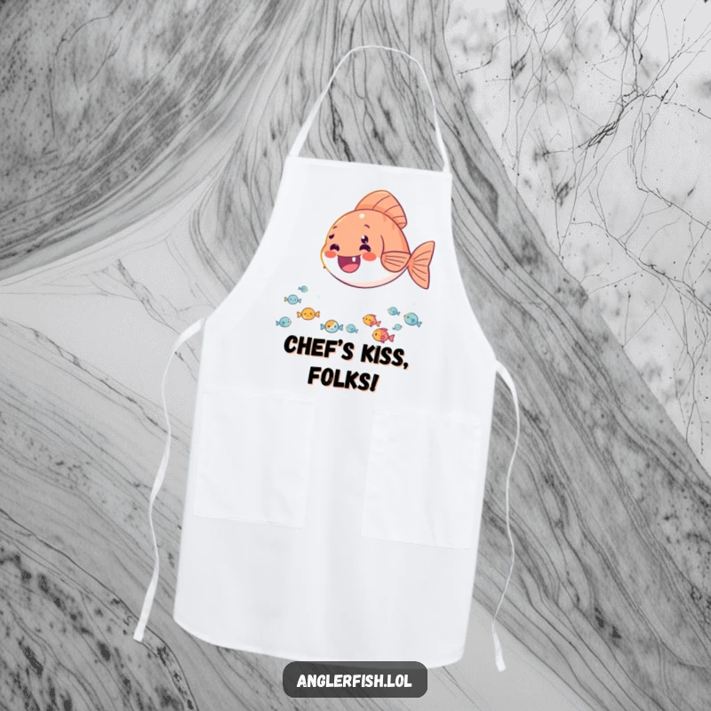 Funny apron featuring a delighted anglerfish casting its light onto a happy audience of tiny fish, making cooking fun.