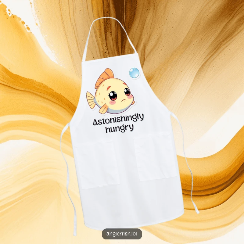 Funny Kawaii Anglerfish Apron: Cute, water-resistant apron with an anglerfish expressing amazement at a small bubble.