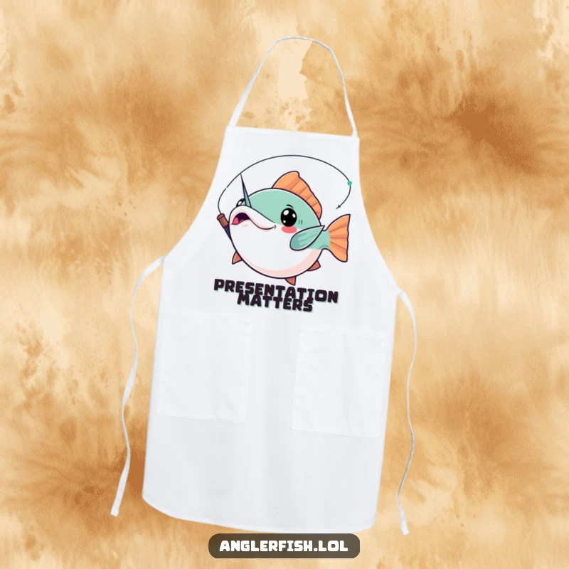 Funny Kawaii Anglerfish Apron: Durable apron featuring a cute anglerfish striking a dramatic pose, its lure held aloft.