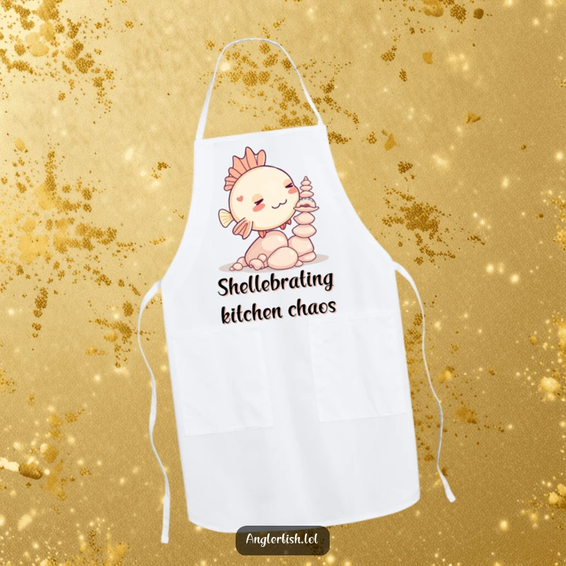 Funny Kawaii anglerfish apron featuring a cute anglerfish humorously attempting to balance seashells while cooking.
