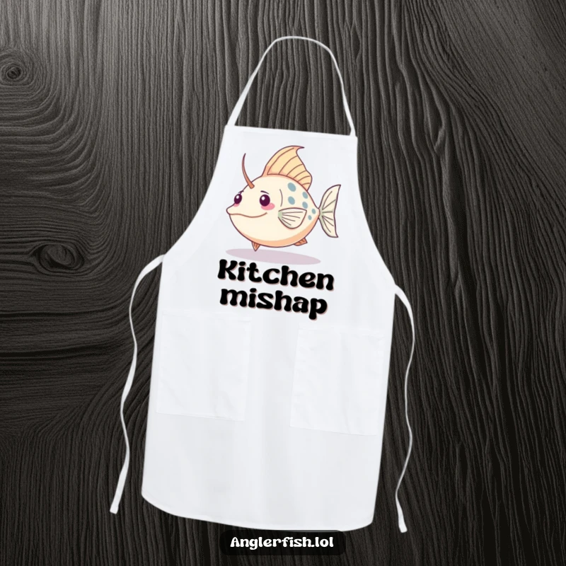 Funny Kawaii anglerfish apron of a cute fish comically tripping over its tail, perfect for cooking.