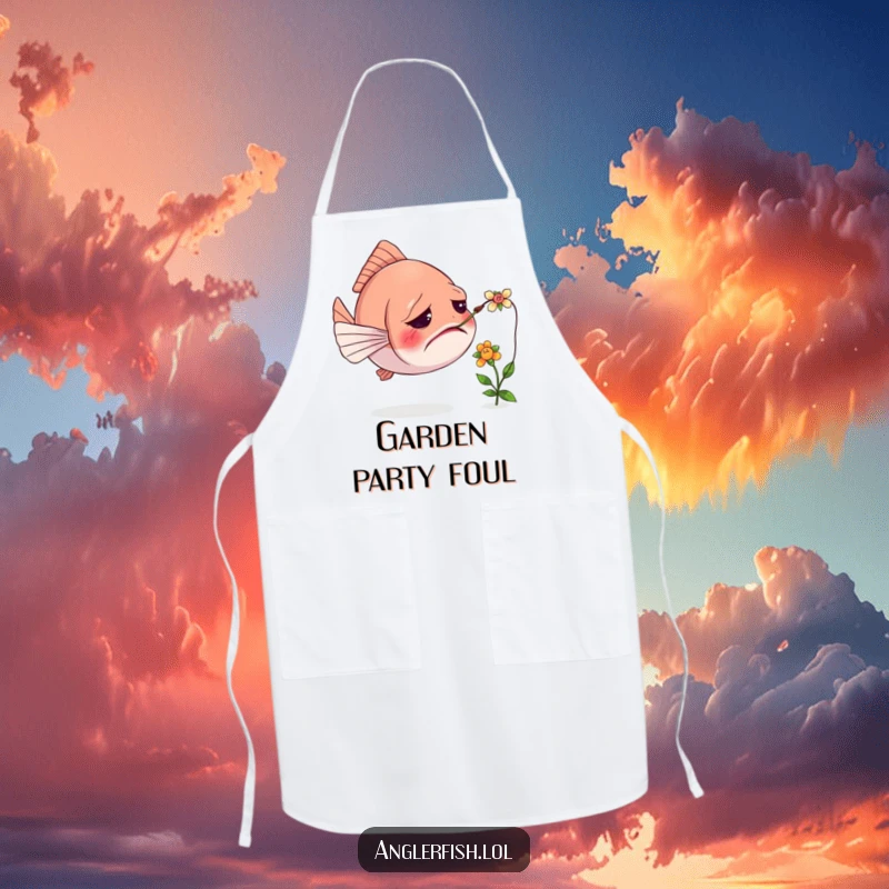 Funny apron featuring a confused anglerfish with its lure tangled in a tiny flower, making kitchen tasks more amusing.