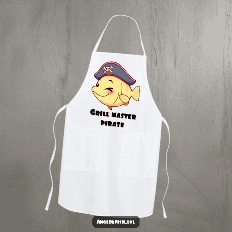 Funny anglerfish apron depicting a pirate anglerfish wearing a tiny hat and winking playfully, perfect for kitchen fun.