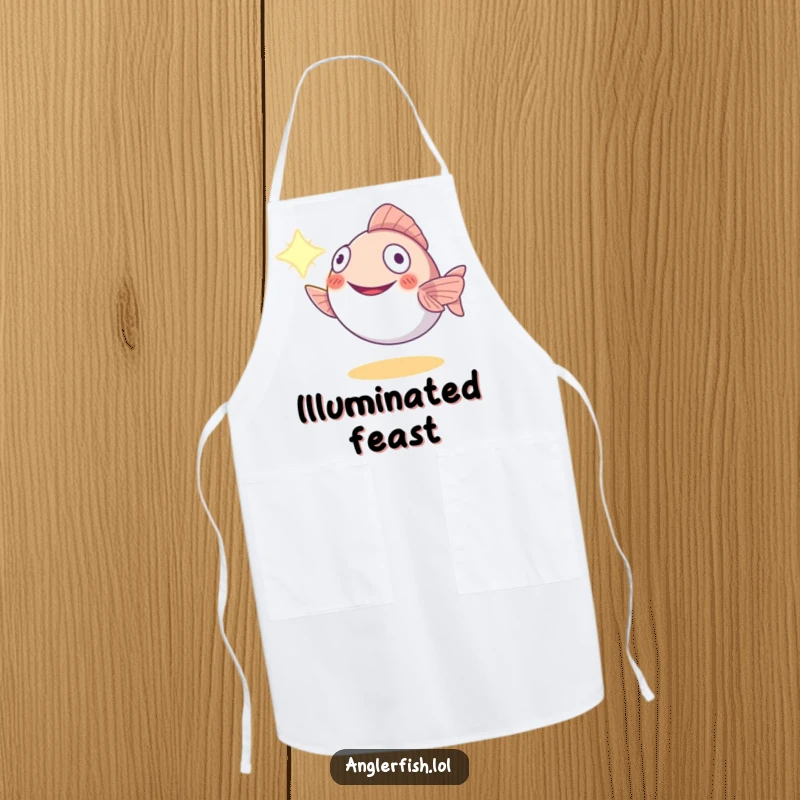Funny anglerfish apron showing a smiling creature using its lure to light up the cooking area, a humorous and practical kitchen item.