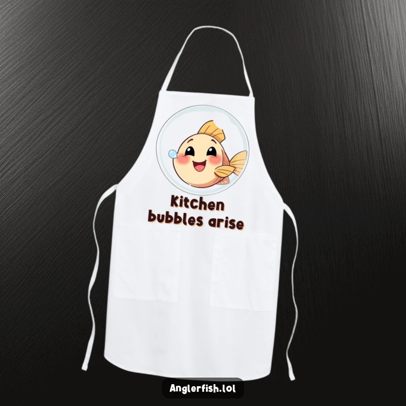Funny Anglerfish Apron featuring a happy anglerfish attempting to blow a giant bubble, perfect for adding bubbly humor to cooking.