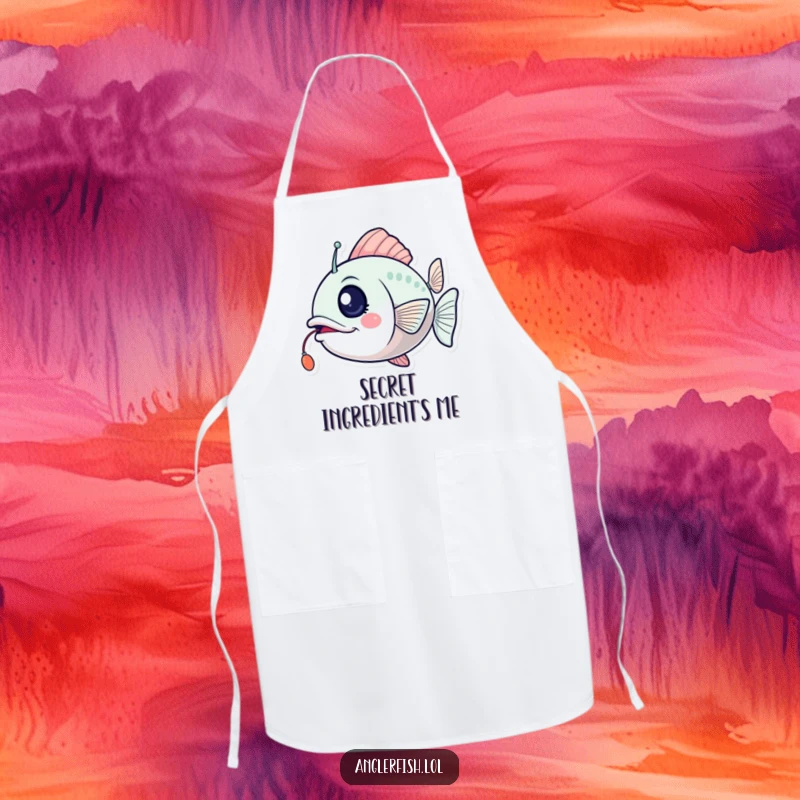 Funny anglerfish apron featuring a wink and a flickering lure, adding humorous excitement to kitchen tasks.