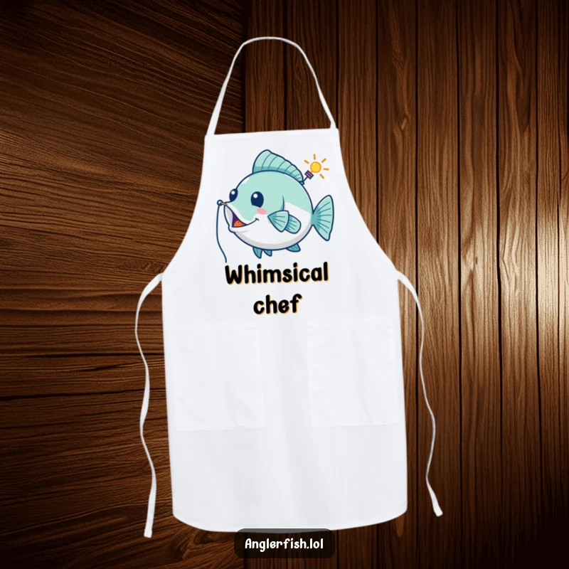 Funny apron featuring a playful anglerfish using its lure as a whimsical guiding beacon, making kitchen tasks more amusing.