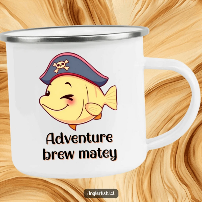 Funny anglerfish camping mug with a pirate hat and a playful wink, ideal for outdoor adventures.