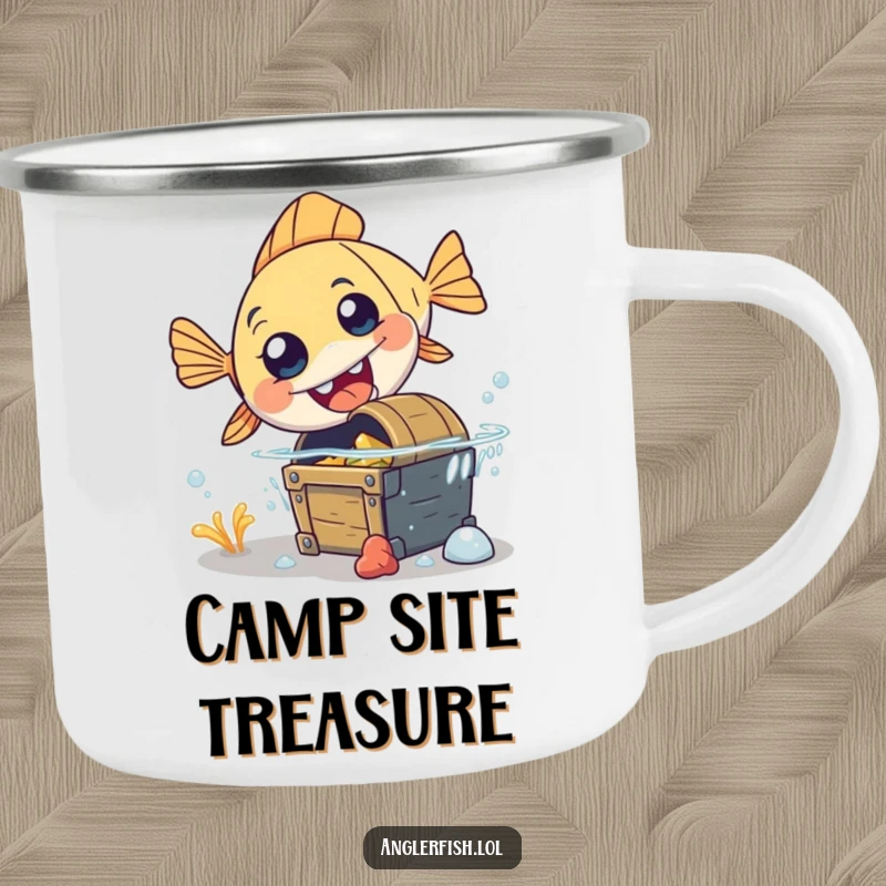 Funny anglerfish camping mug showing a clumsy anglerfish surprised by tripping over treasure, ideal for outdoor humor.