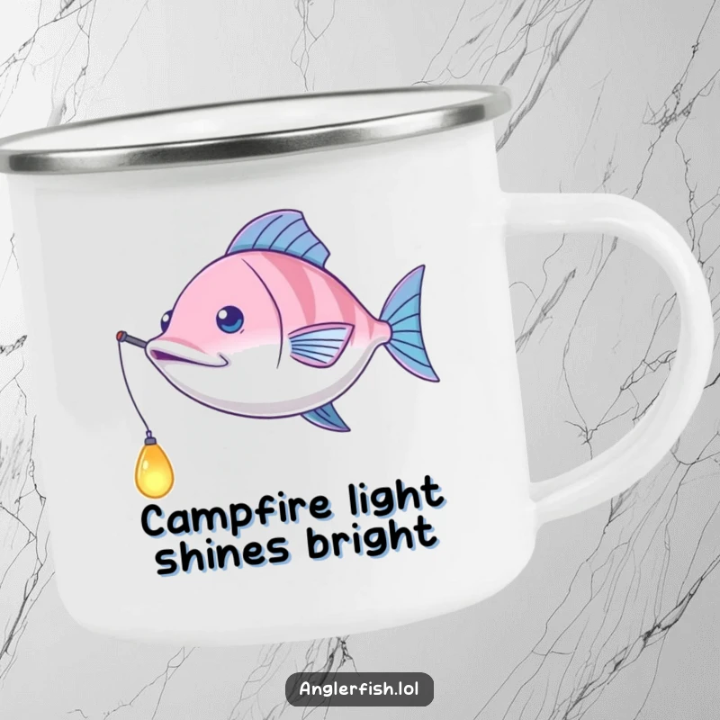 Funny Anglerfish Camping Mug: A sturdy mug with a playful anglerfish swinging its glowing lure, perfect for outdoor adventures.