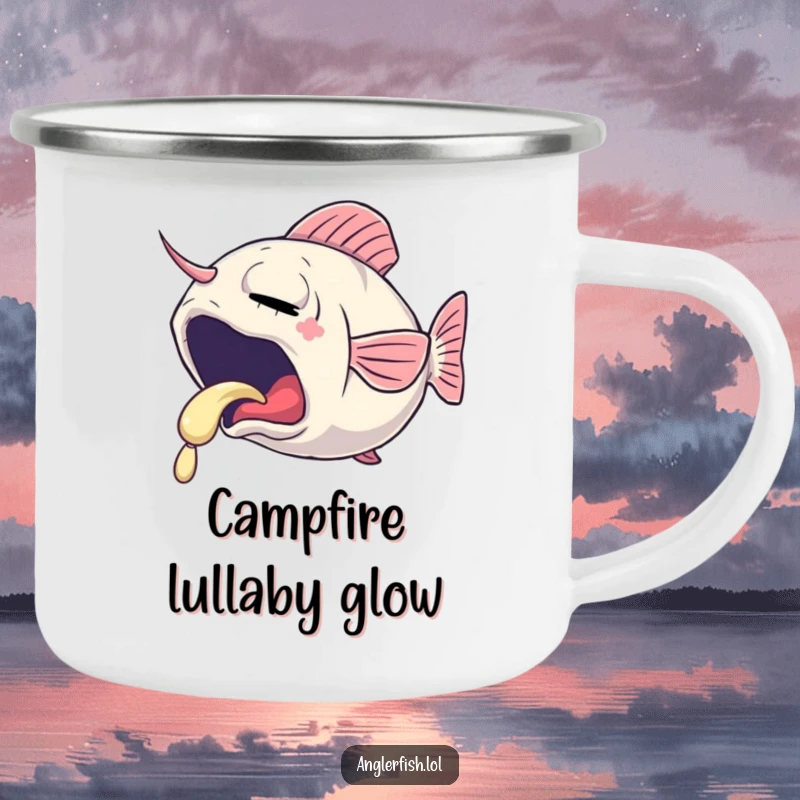 Funny camping mug showing a sleepy anglerfish yawning, its lure emitting a gentle, soft glow, ideal for outdoor relaxation.
