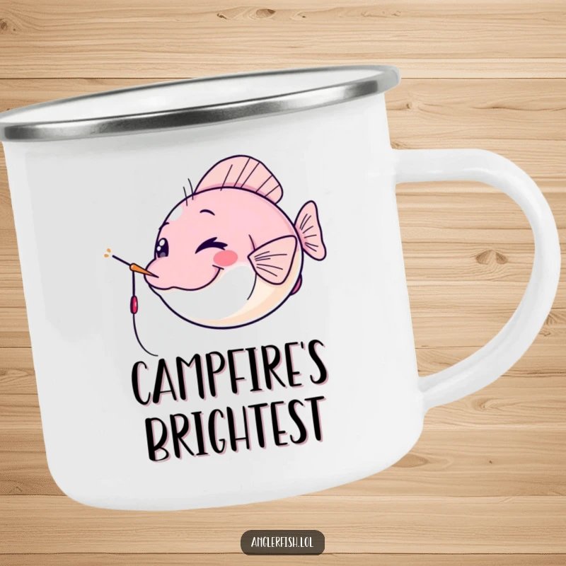 Funny kawaii anglerfish camping mug, winking cheekily with its lure as a spotlight, a rugged and funny gift for adventurers.