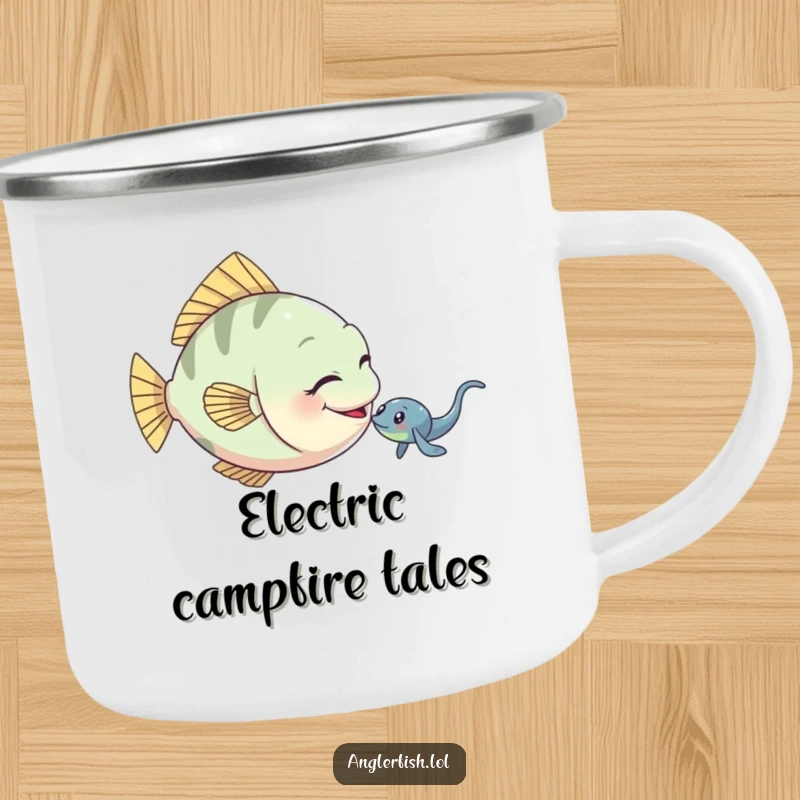 Funny anglerfish camping mug depicting a playful anglerfish gently nudging a small electric eel.
