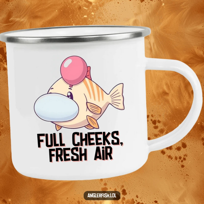 Funny anglerfish camping mug with a cheerful creature inflating its cheeks like balloons. Humorous and durable drinkware for outdoor fun, great funny gift.