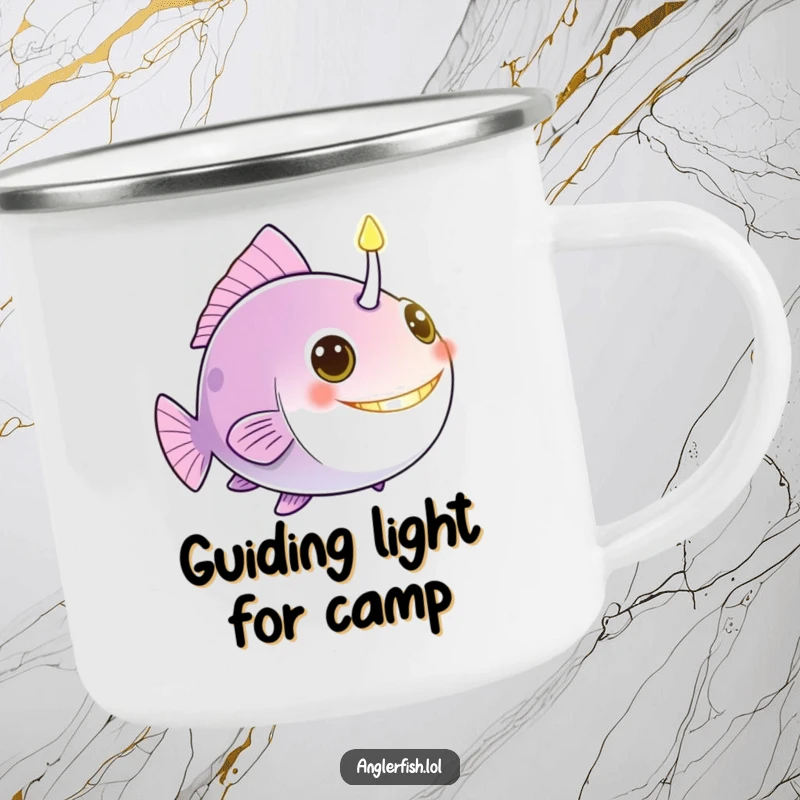Funny anglerfish camping mug with a glowing bioluminescent lure, a beacon of light and humor in the wild.