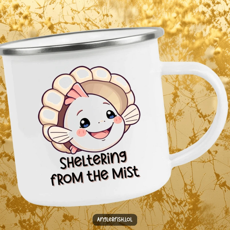 Funny anglerfish camping mug with a smiling creature playfully peeking from behind a seashell. Humorous and durable drinkware for outdoor fun, great funny gift.