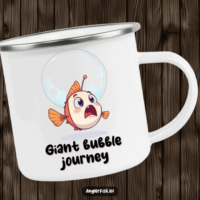 Funny anglerfish camping mug depicting a surprised anglerfish and a large, friendly bubble floating by.