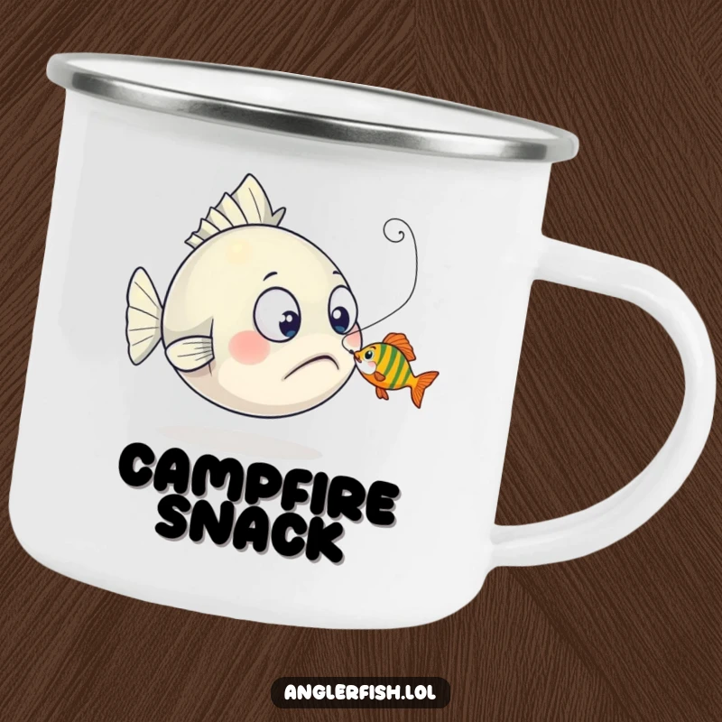 Funny anglerfish camping mug showing a surprised creature as a tiny fish playfully nibbles its lure, perfect for rugged fun.