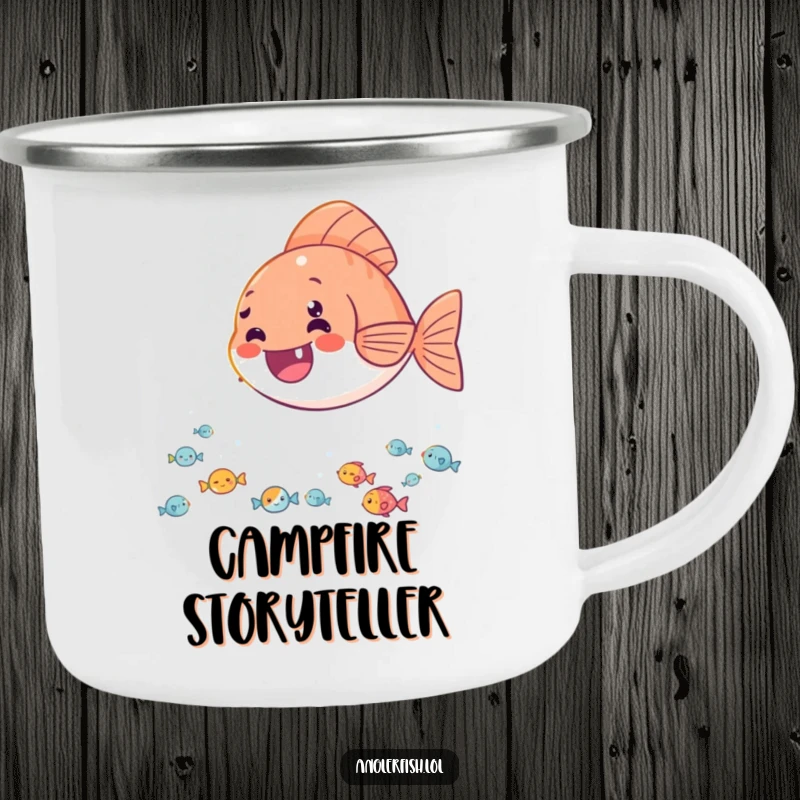 Funny camping mug showing a delighted anglerfish casting its light onto a happy audience of tiny fish, ideal for campers.