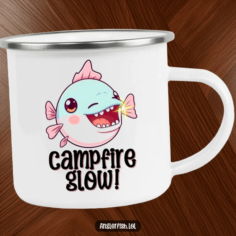 Funny Kawaii Anglerfish Camping Mug: Durable enamel mug with a cute anglerfish making an exaggerated gasp, its light blinking brightly.