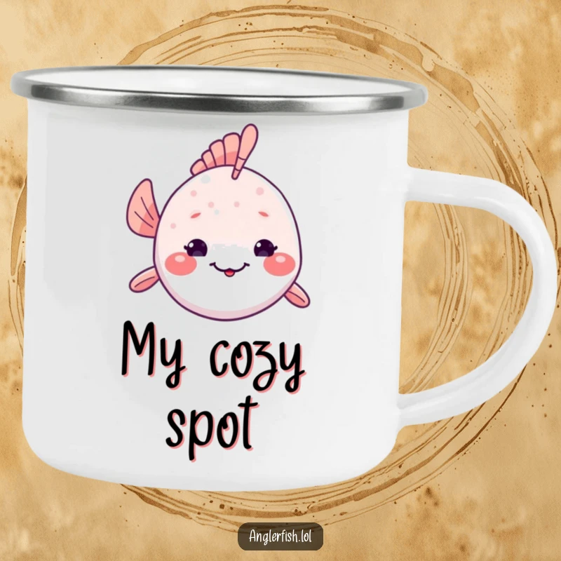 Funny Kawaii Anglerfish Camping Mug: Durable enamel mug with a cute anglerfish peeking from its home, sharing a shy smile.
