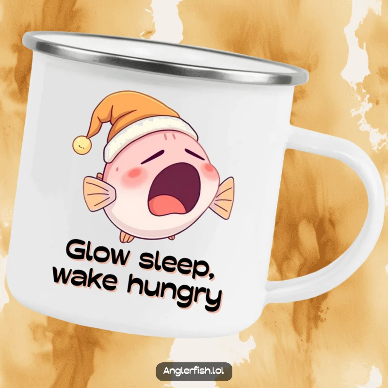Funny Anglerfish Camping Mug depicting a cute anglerfish yawning in a glowing nightcap, designed for outdoor enthusiasts who love humor.