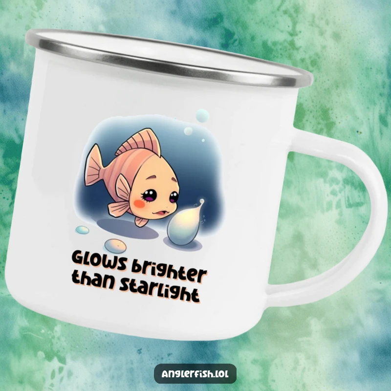 Funny anglerfish camping mug showing a curious anglerfish peering at a shimmering object in the dark abyss.