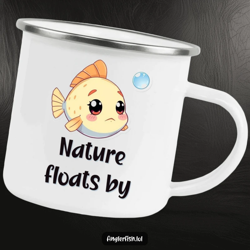 Funny Kawaii Anglerfish Camping Mug: Durable enamel mug with a cute anglerfish looking amazed at a tiny bubble.