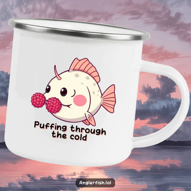 Funny Kawaii anglerfish camping mug of a cute anglerfish humorously blowing raspberries with puffed cheeks.