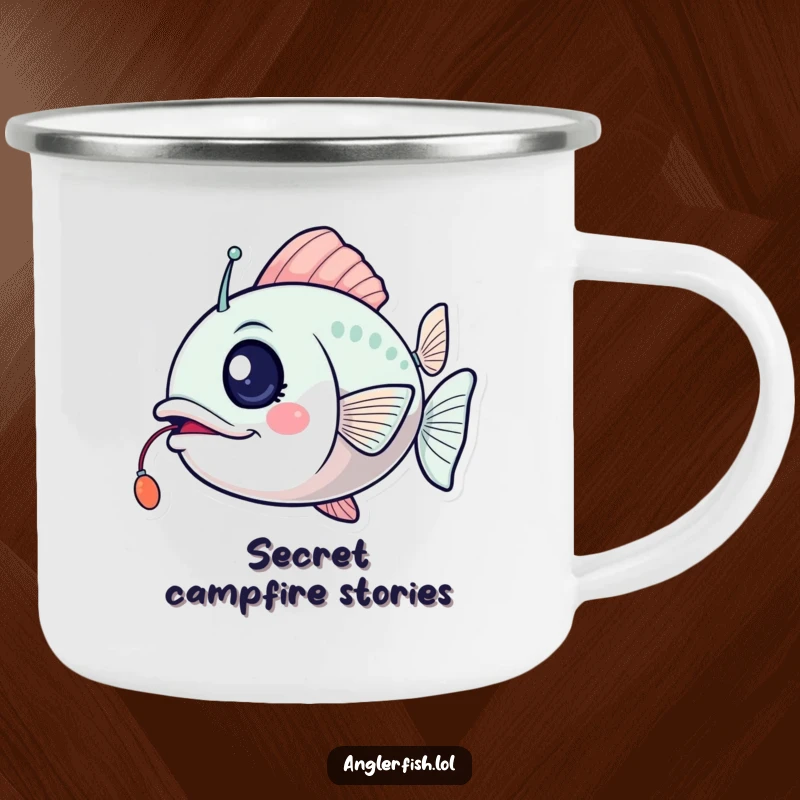 Funny anglerfish camping mug featuring a wink and a flickering lure, bringing humorous excitement to the wilderness.