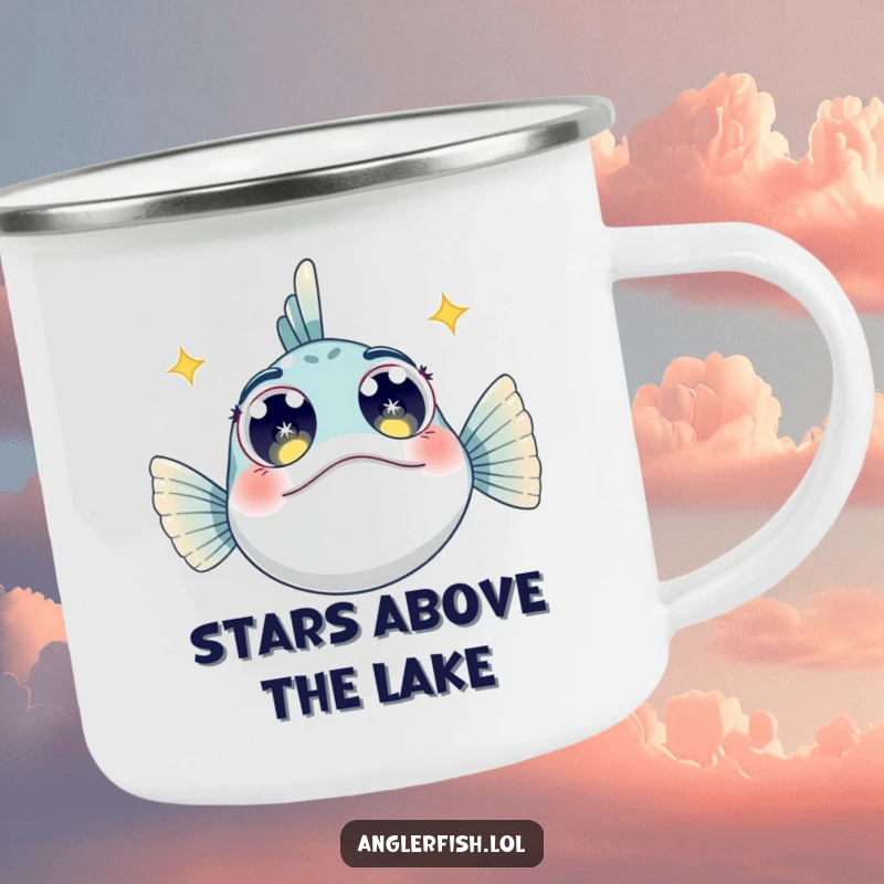 Funny Anglerfish Camping Mug: A durable mug showing an anglerfish with large, starry eyes, looking up in awe.