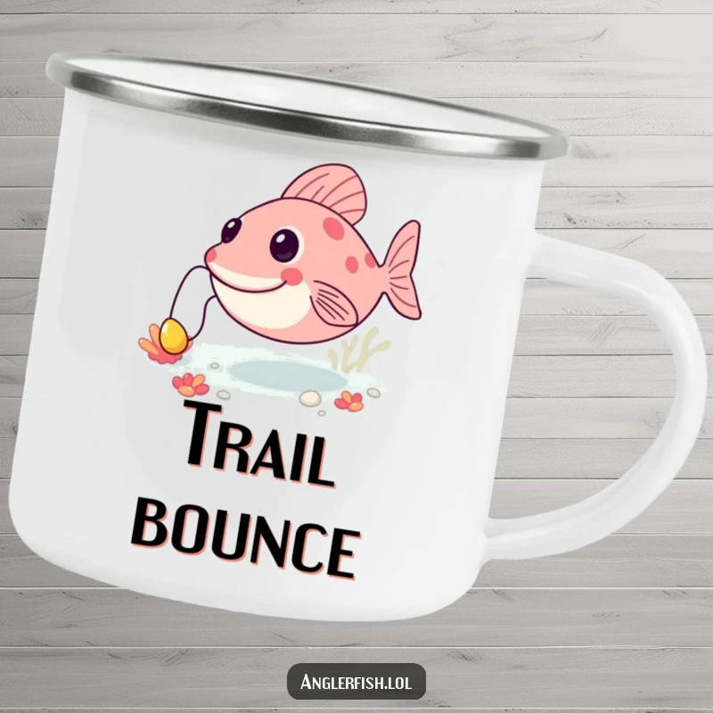Funny anglerfish camping mug showing a happy creature bouncing along the seabed, its lure bobbing, ready for any adventure.