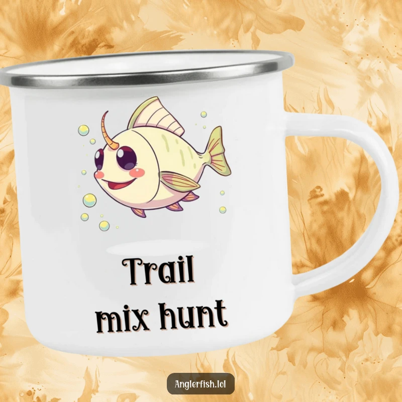 Funny Kawaii Anglerfish Camping Mug: Durable enamel mug with a cute anglerfish joyfully chasing a stream of shimmering plankton.