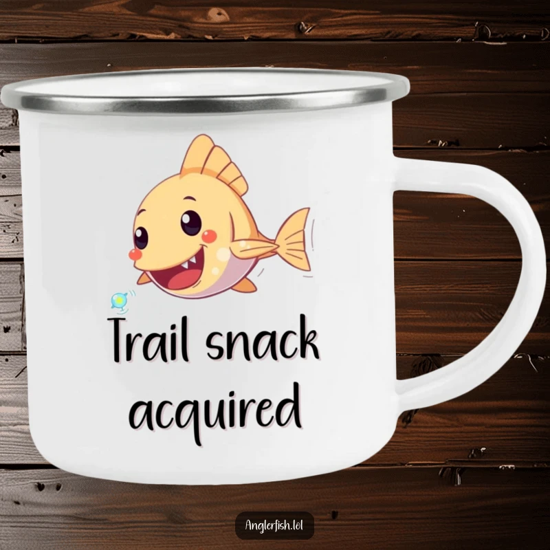 Funny Anglerfish Camping Mug depicting an excited anglerfish character chasing a tiny, sparkling plankton, perfect for outdoor enthusiasts.