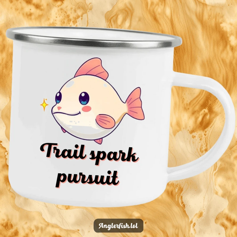 Funny kawaii anglerfish camping mug, playfully chasing a tiny shimmering spark, a rugged and funny gift for adventurers.