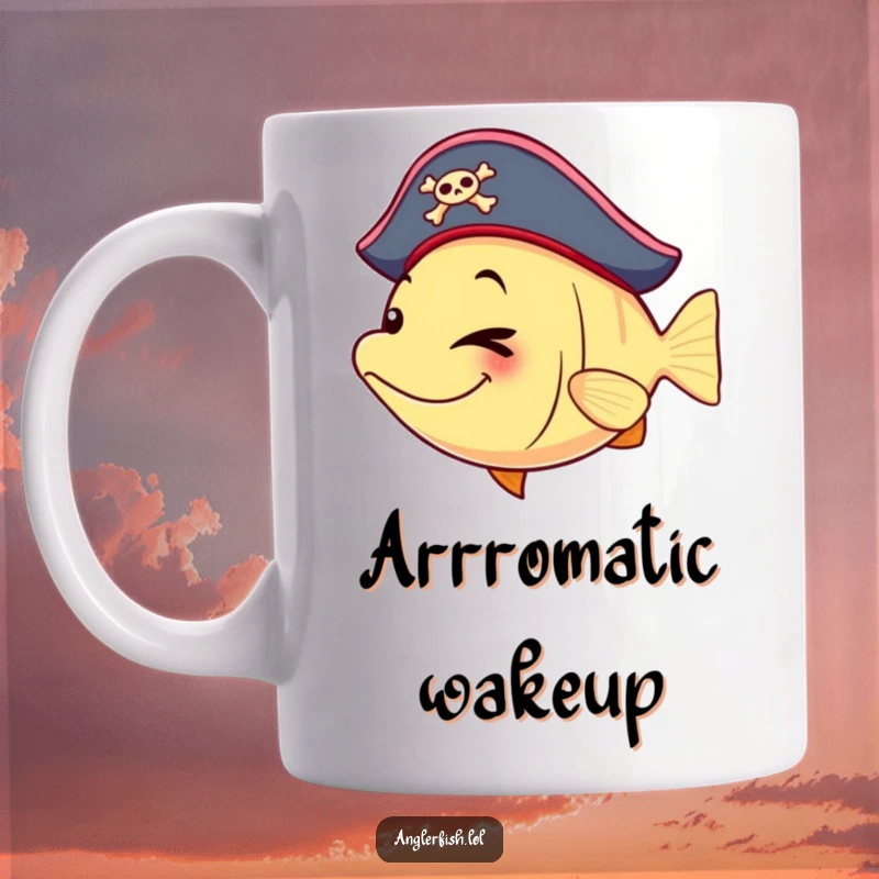 Funny anglerfish mug wearing a tiny pirate hat and winking playfully, embodying a mischievous sea spirit.