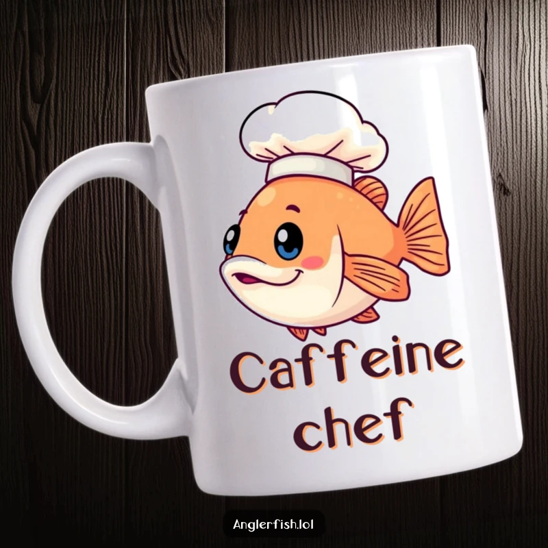 Funny Kawaii anglerfish mug featuring a cute fish wearing a tiny illuminated chef hat, ready to cook.